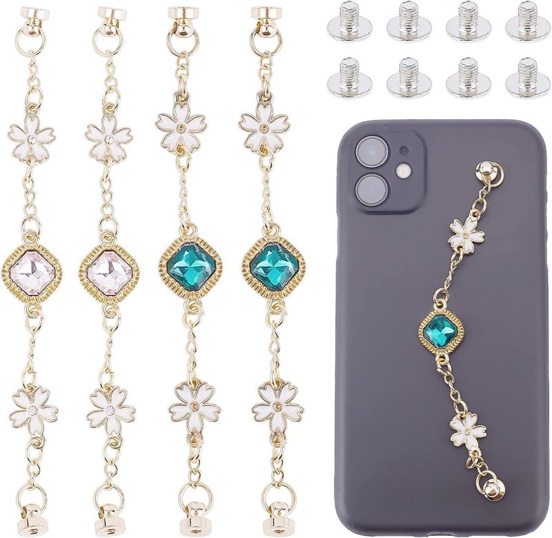 Klarako 4pcs Phone Charms Chain Strap, Rhinestone Enamel Flower Pendant for Stylish Phone Decoration - Image 1