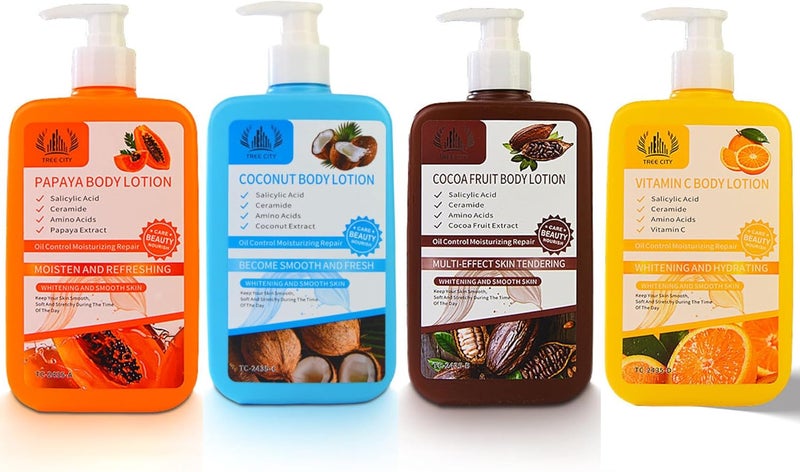 SGM Body Lotion Set Pack of 4 Papaya Coconut Cocoa Fruit Vitamin C Whitening Hydrating Nourishing Body Moisturiser with Salicylic Acid Ceramide Natural Extracts 500ml Each