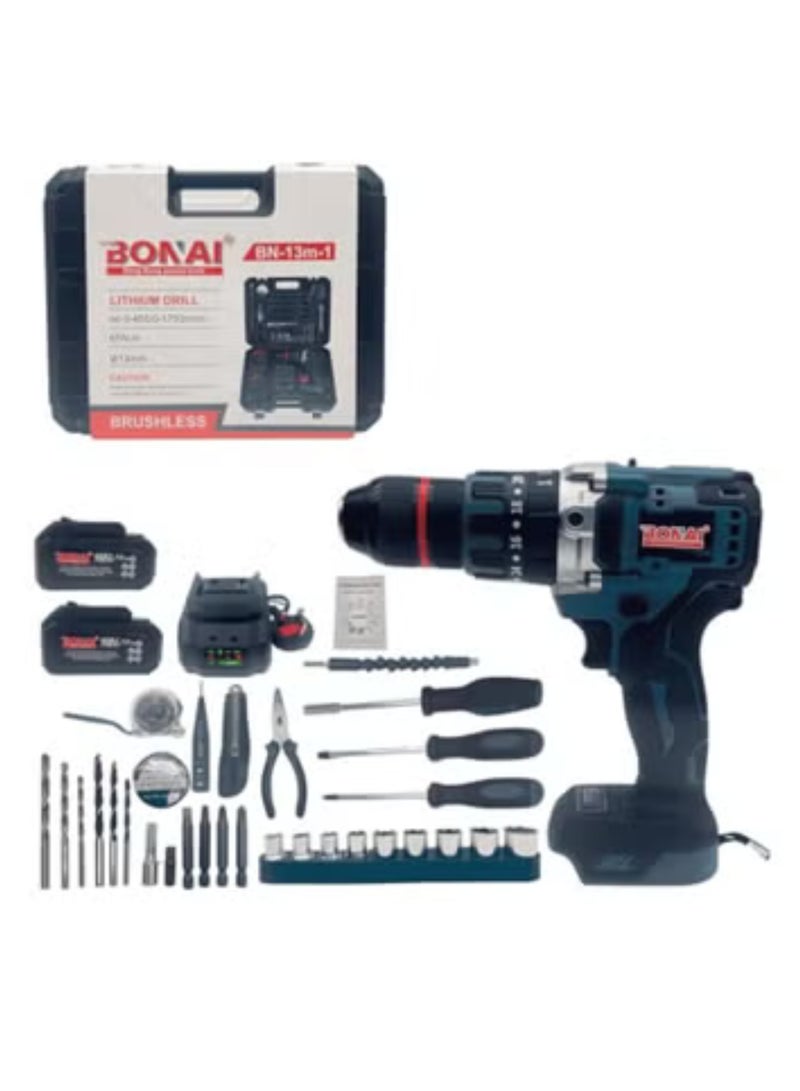 BONAI BONAI BN-13m-1 Cordless Power Drill, 168VF Brushless, 65Nm Torque, 2x 7.0Ah Batteries, Quick Chuck, Variable Speed, LED Light, for Drilling Wood, Metal, Concrete - Image 1