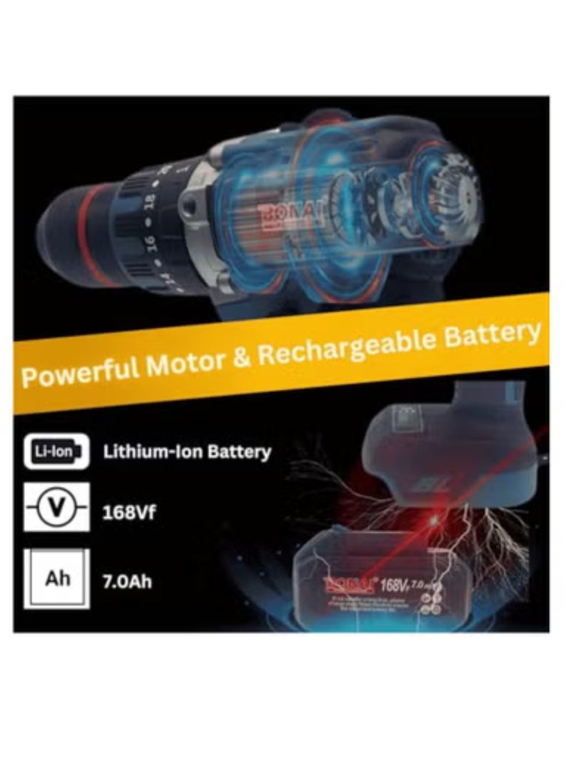 BONAI BONAI BN-13m-1 Cordless Power Drill, 168VF Brushless, 65Nm Torque, 2x 7.0Ah Batteries, Quick Chuck, Variable Speed, LED Light, for Drilling Wood, Metal, Concrete - Image 2