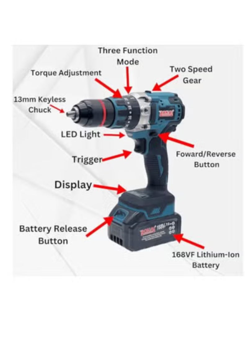 BONAI BONAI BN-13m-1 Cordless Power Drill, 168VF Brushless, 65Nm Torque, 2x 7.0Ah Batteries, Quick Chuck, Variable Speed, LED Light, for Drilling Wood, Metal, Concrete - Image 4