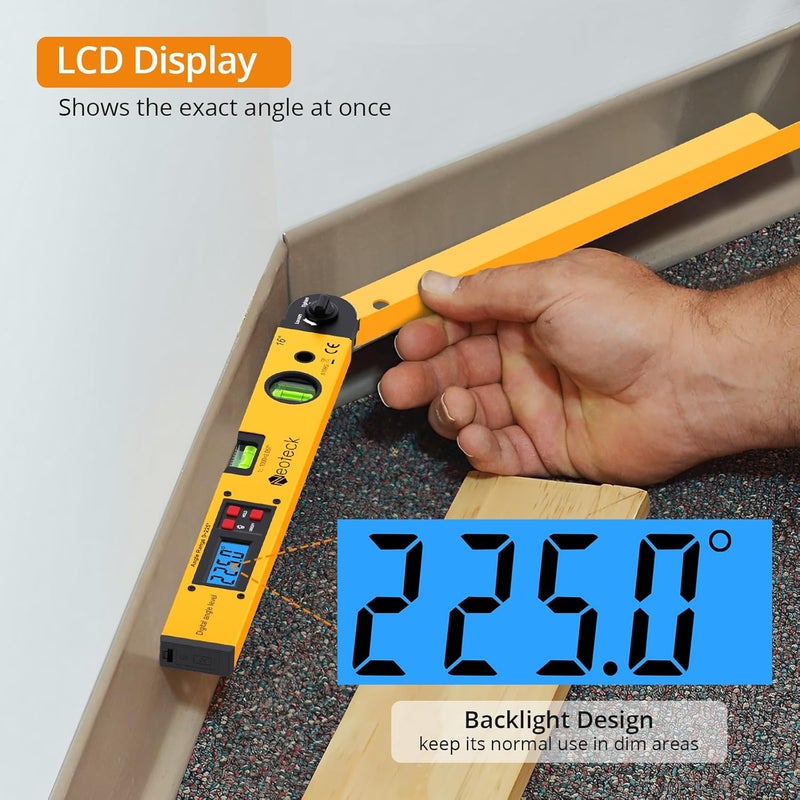 Neoteck مقياس الزاوية الرقمي 225° 16 بوصة بروكتور الألمنيوم مع إضاءة خلفية LCD أداة قياس الزاوية الرقمية مع فقاعة أفقية ورأسية للأعمال الخشبية والبناء والآلات - ذهبي - Image 4