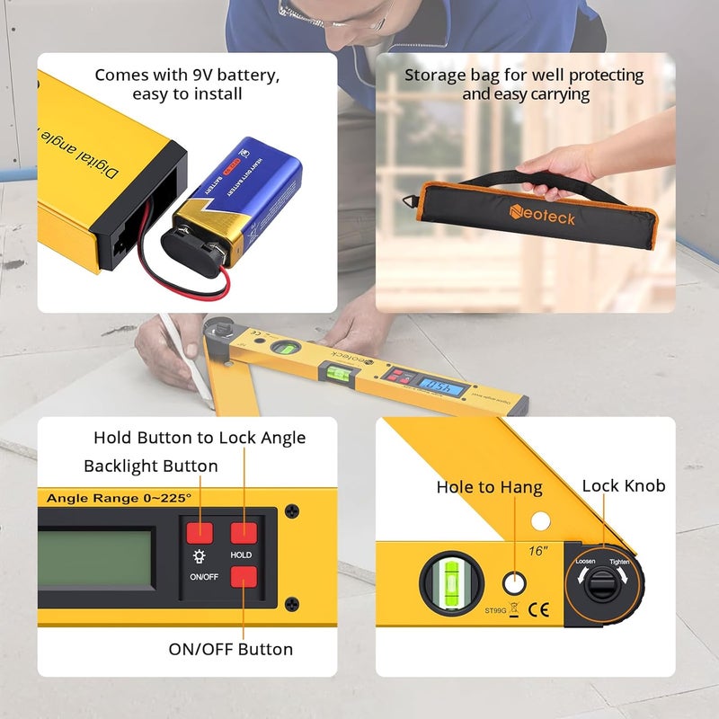 Neoteck مقياس الزاوية الرقمي 225° 16 بوصة بروكتور الألمنيوم مع إضاءة خلفية LCD أداة قياس الزاوية الرقمية مع فقاعة أفقية ورأسية للأعمال الخشبية والبناء والآلات - ذهبي - Image 2