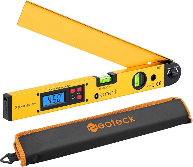 Neoteck مقياس الزاوية الرقمي 225° 16 بوصة بروكتور الألمنيوم مع إضاءة خلفية LCD أداة قياس الزاوية الرقمية مع فقاعة أفقية ورأسية للأعمال الخشبية والبناء والآلات - ذهبي - Image 1