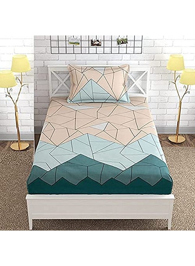 SpangleHomes 300 TC 100% Soft Glace Cotton Elastic Fitted Single Bed Bedsheet with 1 Large Pillow Cover (Single Bed 36 X72X6 inches, Beige Green Triangle) - Image 1