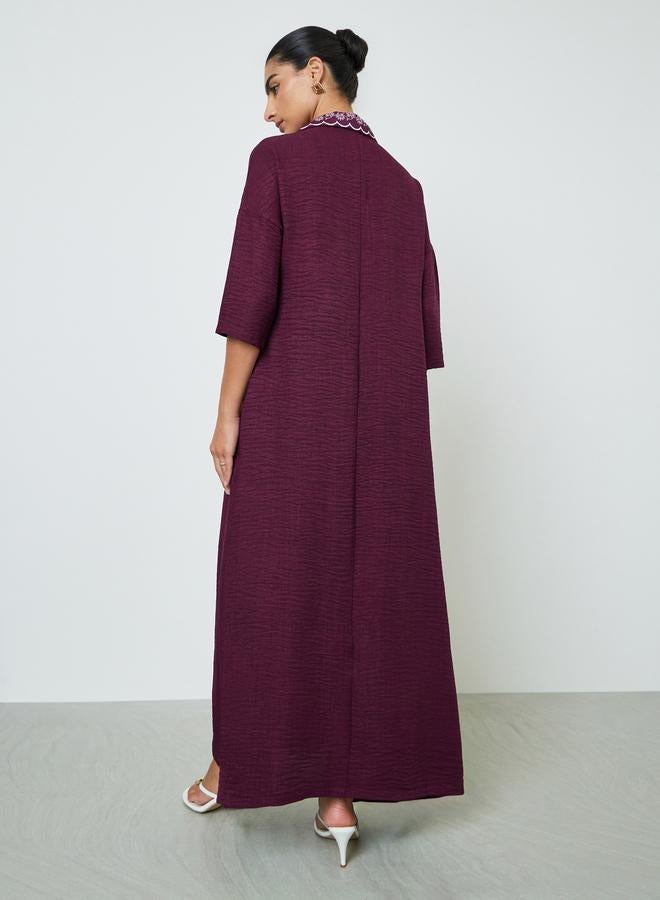 Amirah Burgundy Printed Collar Jalabiya - Image 3