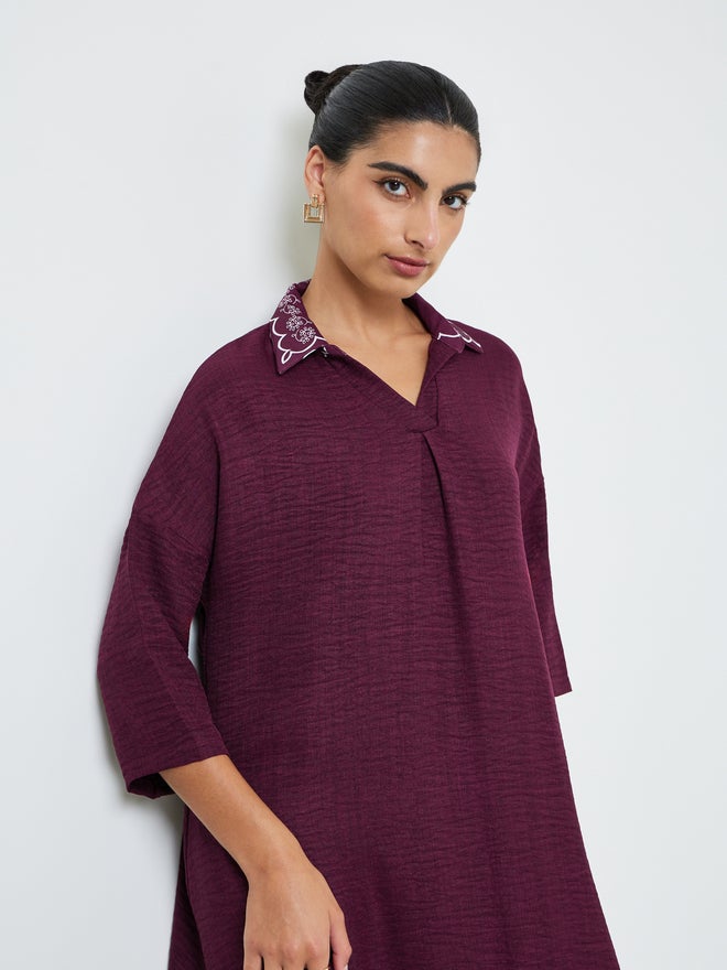 Styli Burgundy Printed Collar Jalabiya - Image 2