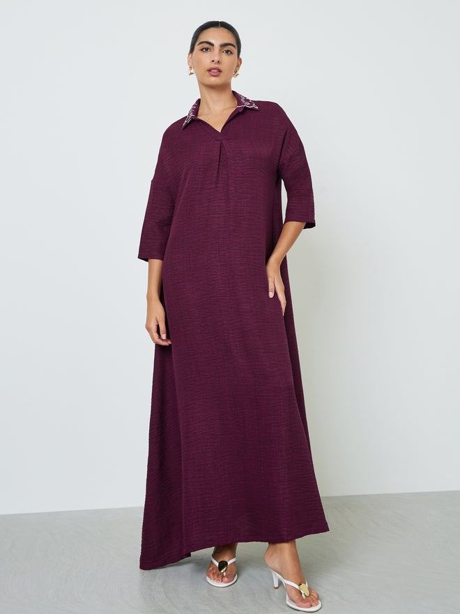 Styli Burgundy Printed Collar Jalabiya - Image 1