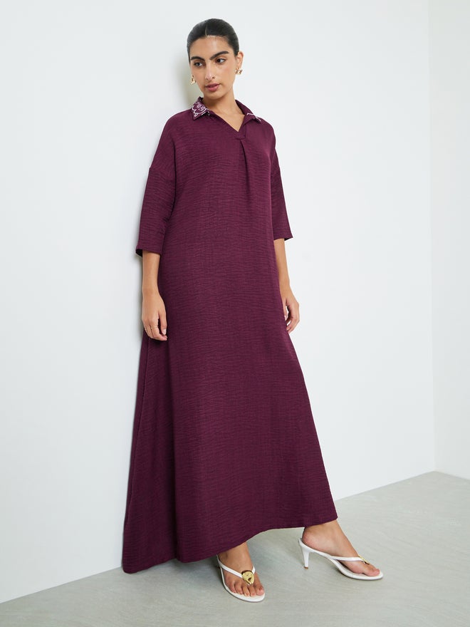 Styli Burgundy Printed Collar Jalabiya - Image 3