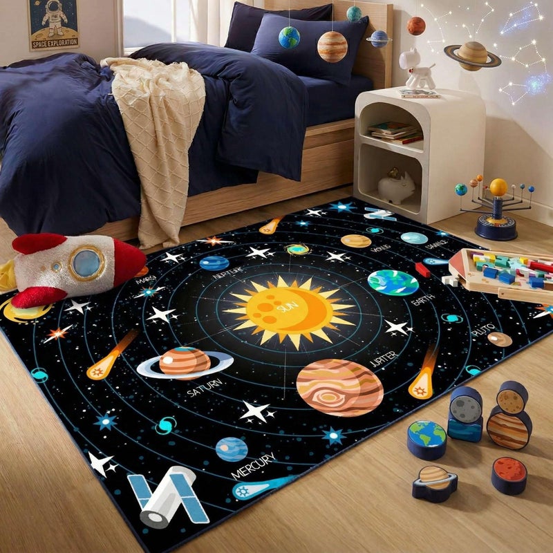 Kossmjx Outer Space Rugs Small Size Universe Solar System Planet Theme Carpets Kids Rugs for Playroom Educational Learning Area Rug for Living Room Bedroom Indoor Crystal Polyester Floor Sofa Mats, 2'Ã—3' - Image 1