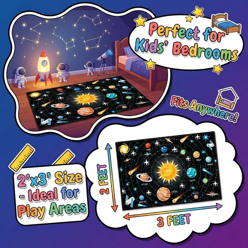 Kossmjx Outer Space Rugs Small Size Universe Solar System Planet Theme Carpets Kids Rugs for Playroom Educational Learning Area Rug for Living Room Bedroom Indoor Crystal Polyester Floor Sofa Mats, 2'Ã—3' - Image 2