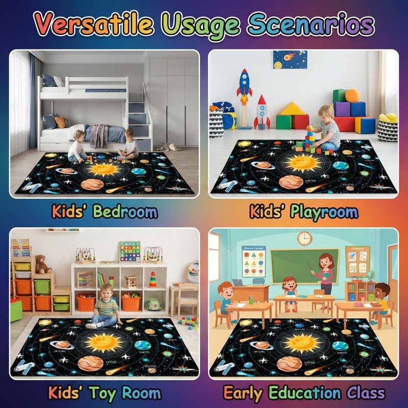 Kossmjx Outer Space Rugs Small Size Universe Solar System Planet Theme Carpets Kids Rugs for Playroom Educational Learning Area Rug for Living Room Bedroom Indoor Crystal Polyester Floor Sofa Mats, 2'Ã—3' - Image 3