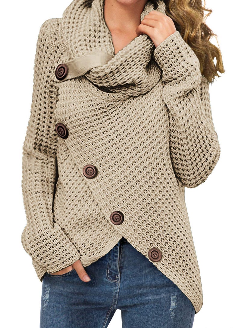 GRECERELLE Women's 2024 Fall Turtleneck Chunky Pullover Sweaters Long Sleeve Asymmetric Knit Jumper Tops Khaki, L - Image 1