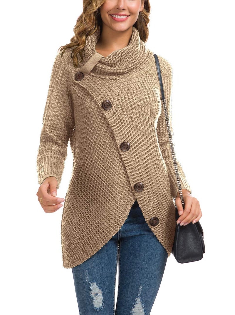GRECERELLE Women's 2024 Fall Turtleneck Chunky Pullover Sweaters Long Sleeve Asymmetric Knit Jumper Tops Khaki, L - Image 3