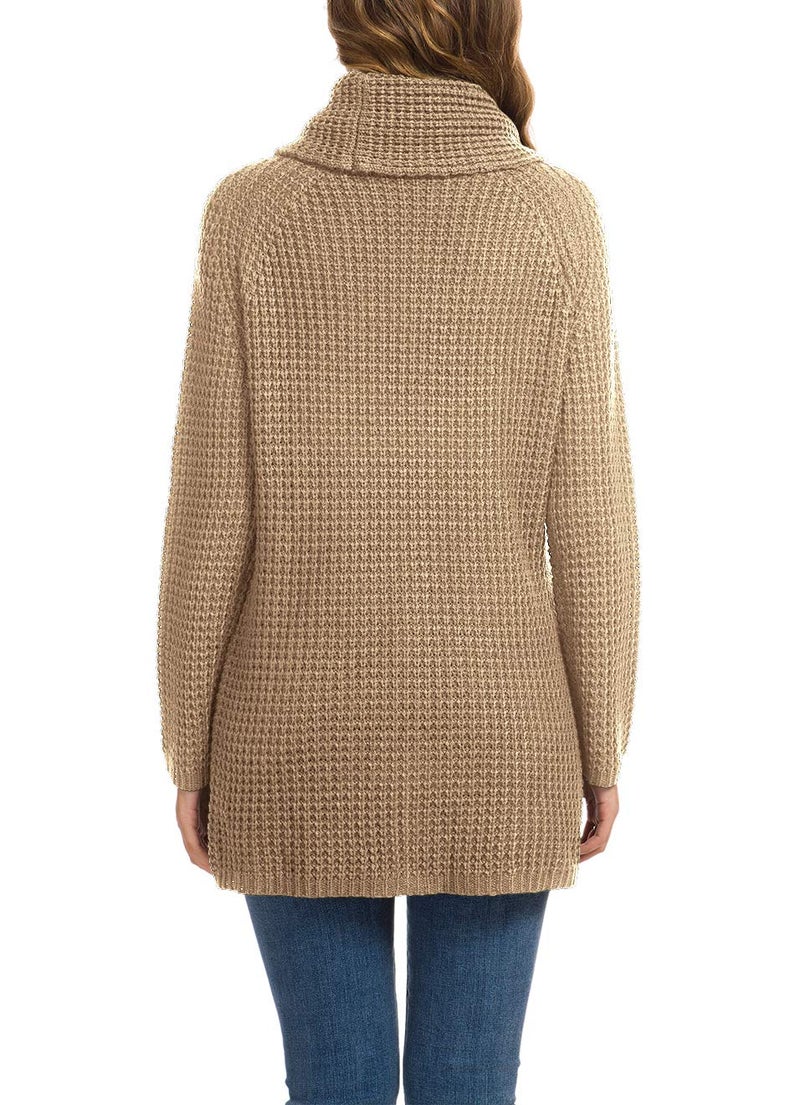 GRECERELLE Women's 2024 Fall Turtleneck Chunky Pullover Sweaters Long Sleeve Asymmetric Knit Jumper Tops Khaki, L - Image 4