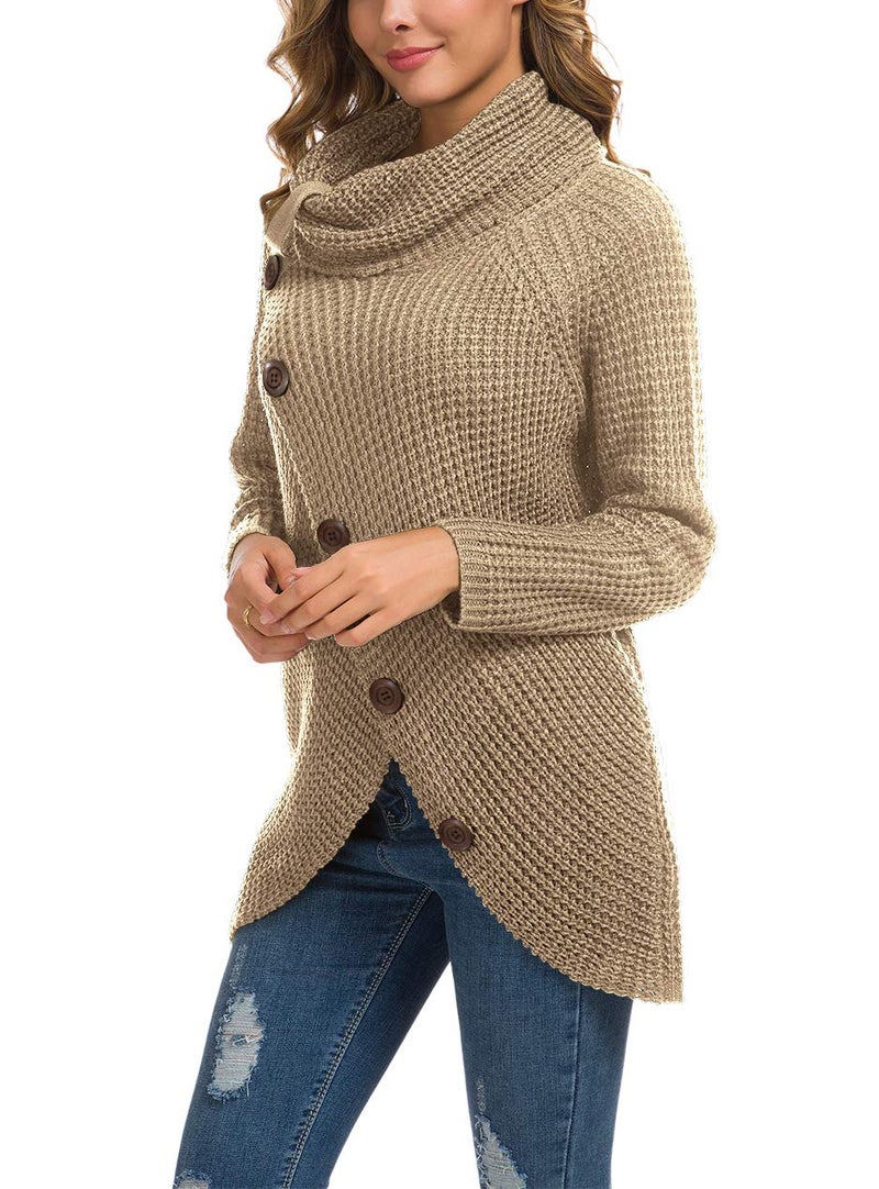 GRECERELLE Women's 2024 Fall Turtleneck Chunky Pullover Sweaters Long Sleeve Asymmetric Knit Jumper Tops Khaki, L - Image 2