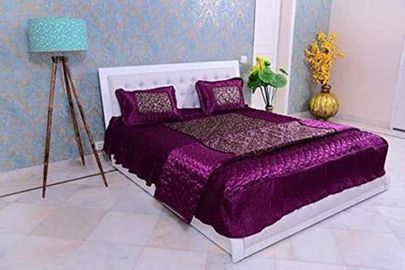 ManavRachit Satin Gold Printed 310 TC Wedding Bedding Set Bedsheet with 2 Pillow Covers 1 AC Comforter for Home Living RoomSet of 4pc Jaal Print FalsaPurple