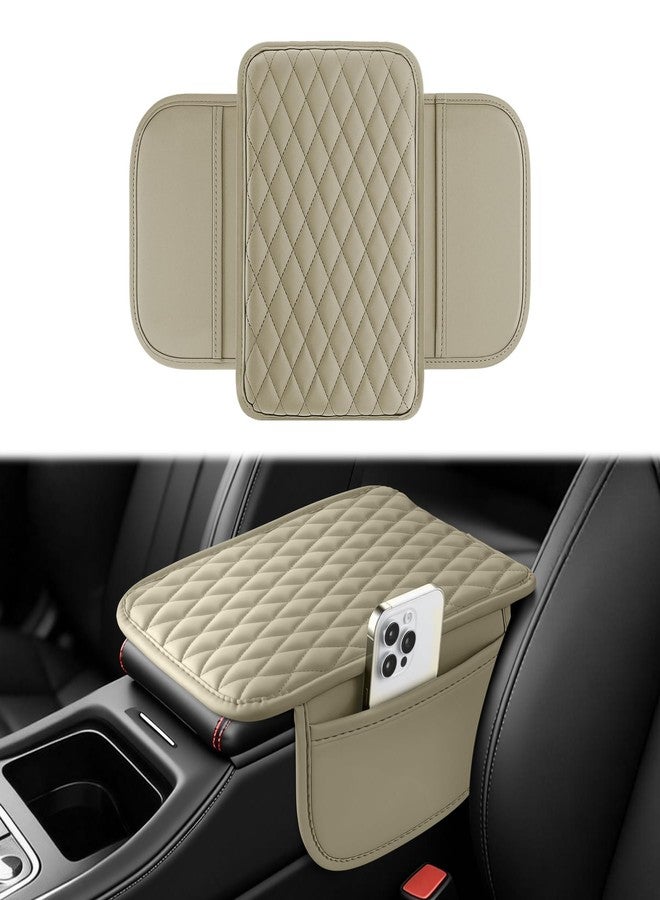 Amiss Car Center Console Cover, Leather Car Armrest Cushion with 2 Storage Pockets, Universal Waterproof Cushion Pad, Non-Slip Car Interior Accessories, Fits Most Sedans SUVs Trucks (Light Beige) - Image 1