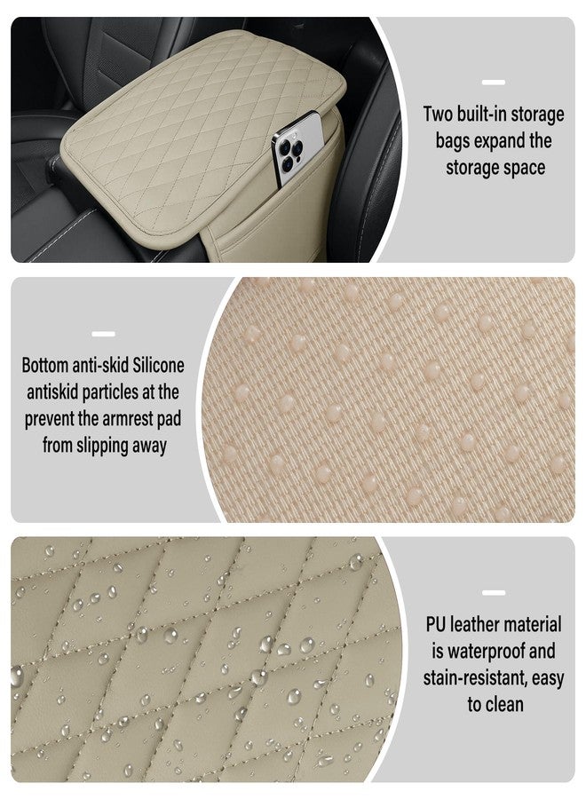 Amiss Car Center Console Cover, Leather Car Armrest Cushion with 2 Storage Pockets, Universal Waterproof Cushion Pad, Non-Slip Car Interior Accessories, Fits Most Sedans SUVs Trucks (Light Beige) - Image 3