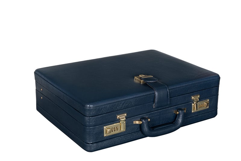 BRAND LEATHER Genuine Leather Extra Expandable Hardcase Office Briefcase with Combination Lock (Blue) - Image 1