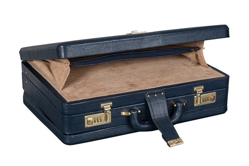 BRAND LEATHER Genuine Leather Extra Expandable Hardcase Office Briefcase with Combination Lock (Blue) - Image 4