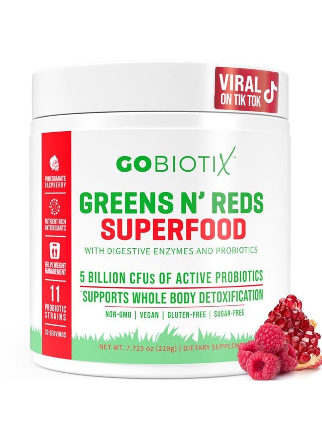 GoBiotix Super Greens and Reds Powder - Red and Green Superfood - Probiotic Supplement - Digestive Enzymes and Beet Root Powder - Organic Whole Foods Dietary Supplement (Pom Raspberry, 1 Pack) - Image 1