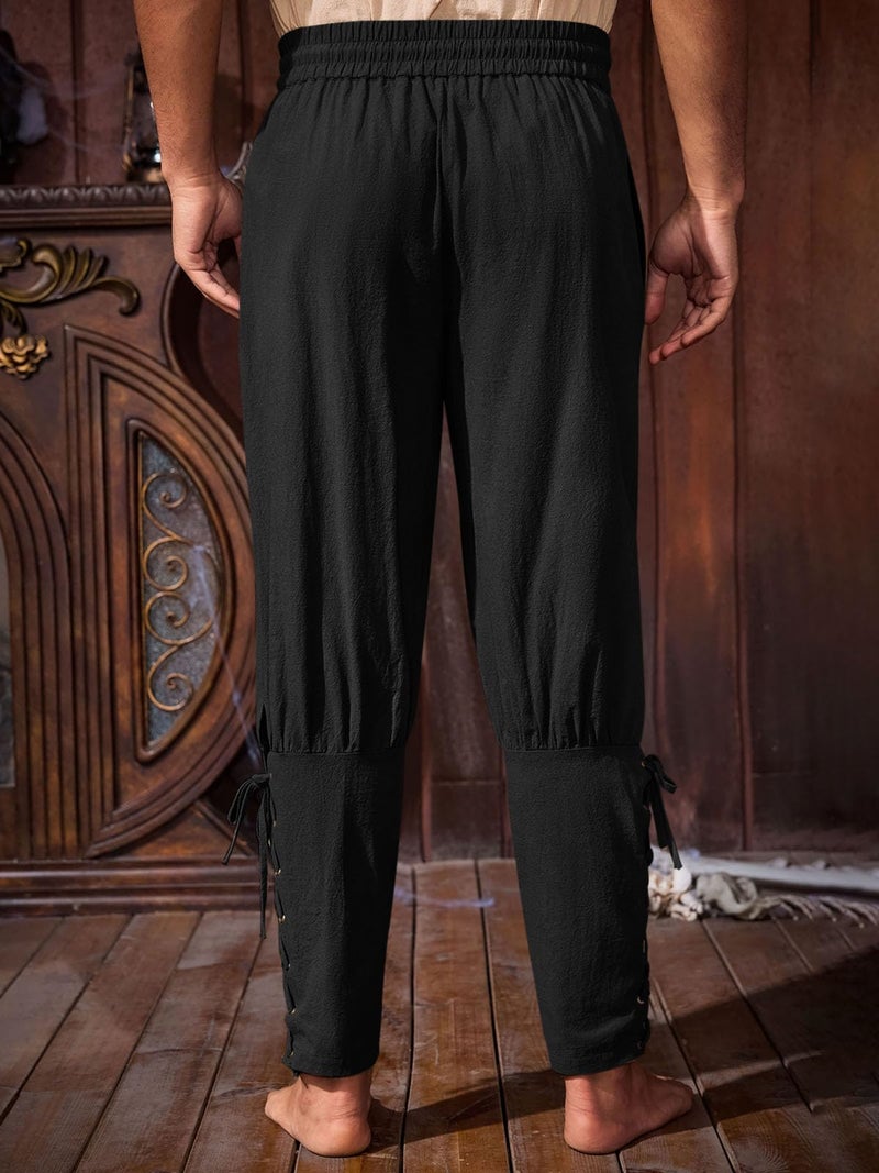 Runcati Mens Medieval Pirate Pants Renaissance Ankle Banded Viking Ren Faire Pants Lace Up Halloween Costume Trousers Black - Image 3