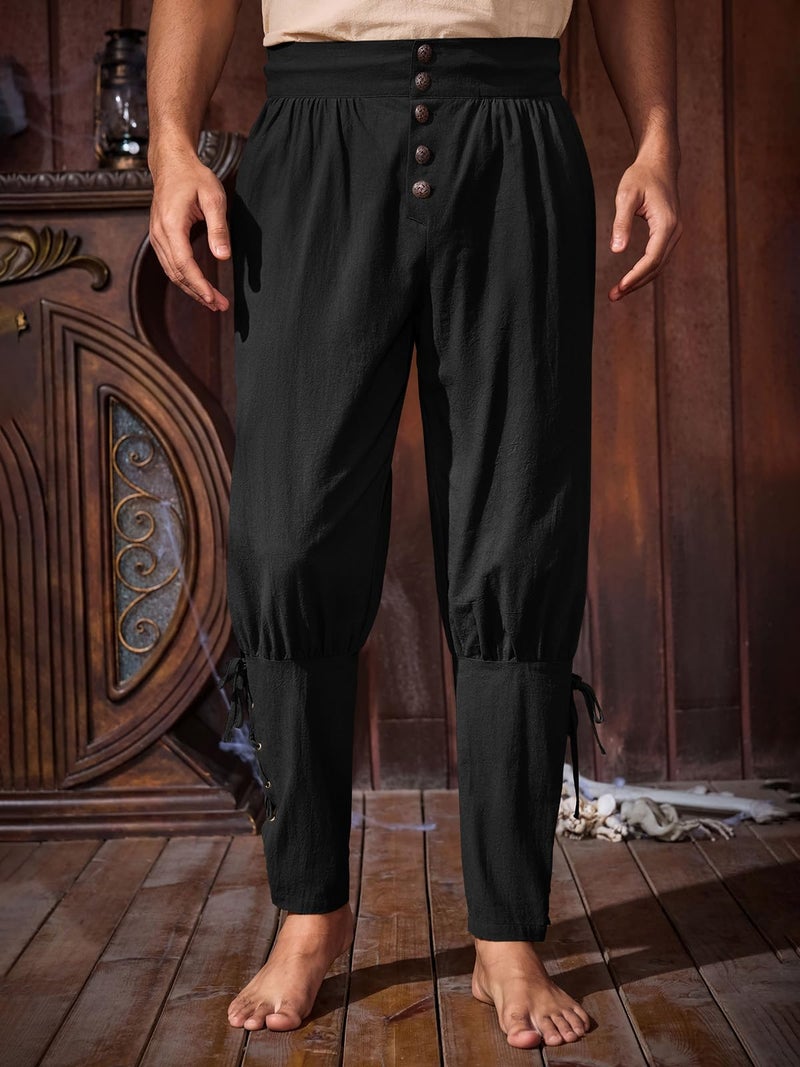 Runcati Mens Medieval Pirate Pants Renaissance Ankle Banded Viking Ren Faire Pants Lace Up Halloween Costume Trousers Black - Image 2