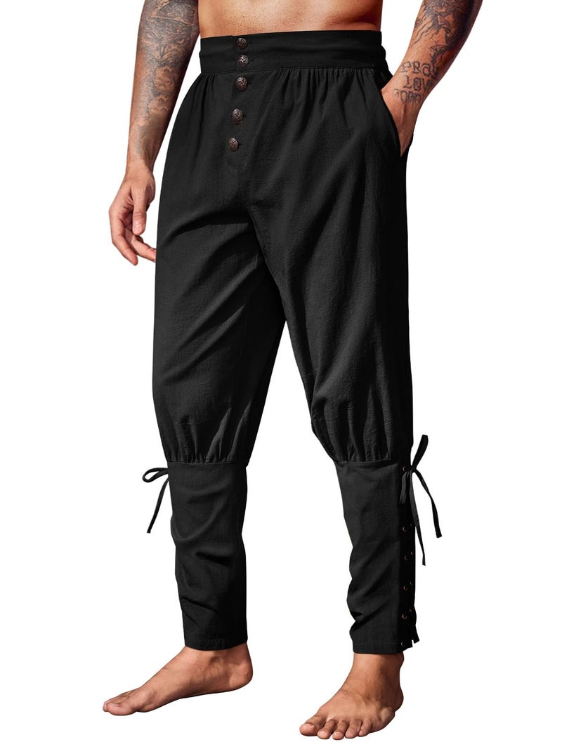 Runcati Mens Medieval Pirate Pants Renaissance Ankle Banded Viking Ren Faire Pants Lace Up Halloween Costume Trousers Black - Image 1