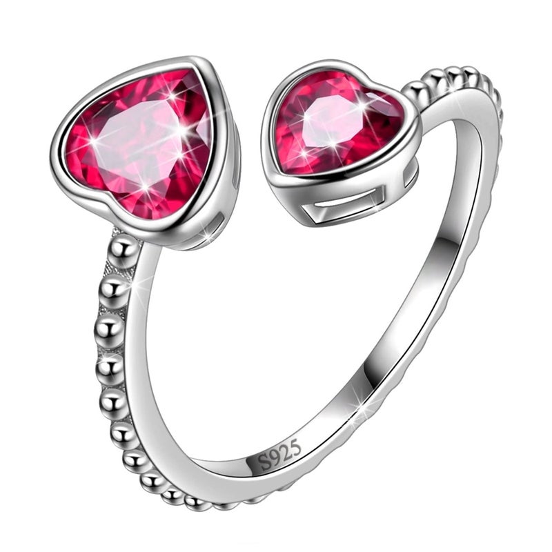 Juwaliy July Birthstone Ring Ruby 925 Sterling Silver Double Hearts Rings Bezel Red CZ Women Jewelry Birthday Mother's Day Gifts - Image 1