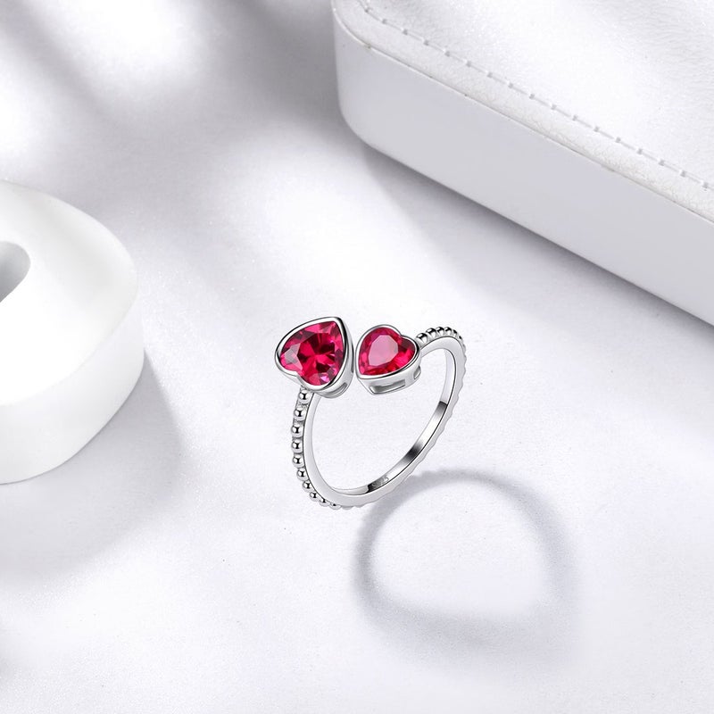 Juwaliy July Birthstone Ring Ruby 925 Sterling Silver Double Hearts Rings Bezel Red CZ Women Jewelry Birthday Mother's Day Gifts - Image 5