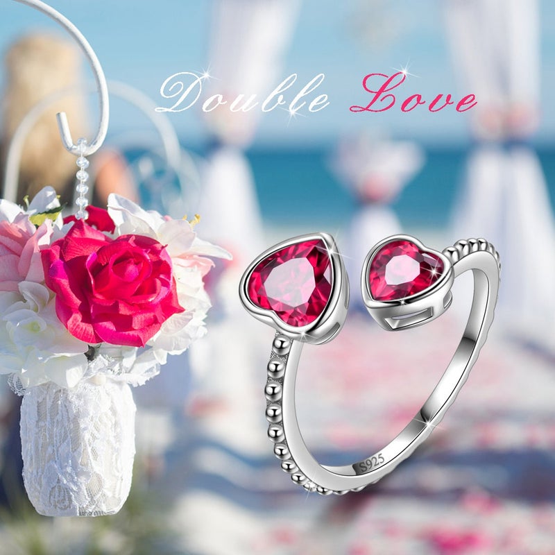 Juwaliy July Birthstone Ring Ruby 925 Sterling Silver Double Hearts Rings Bezel Red CZ Women Jewelry Birthday Mother's Day Gifts - Image 4
