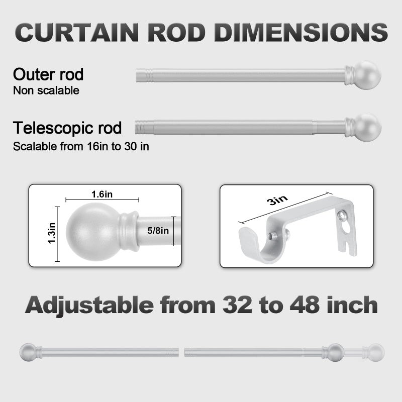 Authandis Silver Curtain Rods for Windows with Brackets,5/8 Inch Diameter Small Window Curtain Rod Adjustable 32 to 48 Inches,Easy Install Drapery Rods,Gray - Image 3