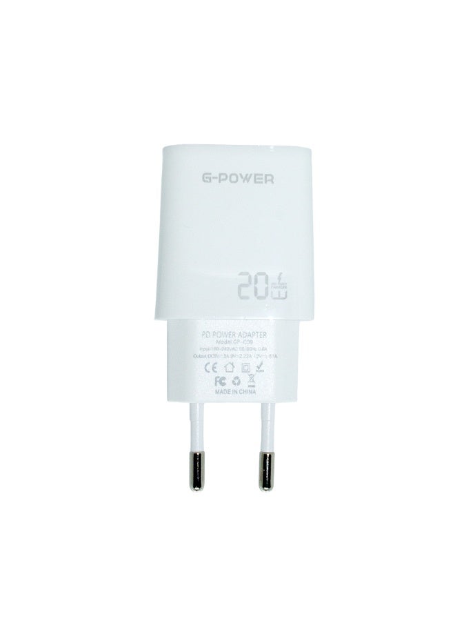 جي باور شاحن سريع G-Power GP-C39 GaN بقوة 20 واط مع كابل USB-C إلى Lightning، متوافق مع سلسلة iPhone 11/12/13/14، وGoogle Pixel، وNintendo Switch، وSamsung Galaxy، وAirPods Pro - أبيض - Image 3