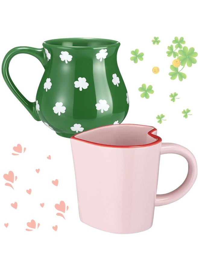 LemonRoad 2 Pcs Valentine's Day Ceramic Coffee Mugs Pink Heart Shaped Mug Romantic Heart Coffee Cup St. Patrick's Day Shamrock Tea Cup for Anniversary Tea Milk Lover Gifts - Image 1