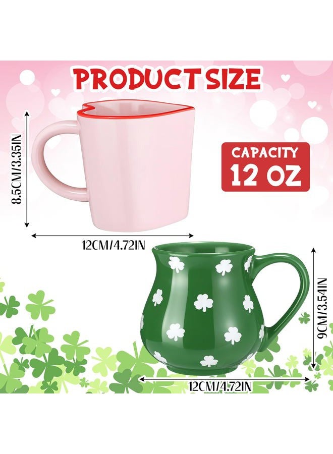 LemonRoad 2 Pcs Valentine's Day Ceramic Coffee Mugs Pink Heart Shaped Mug Romantic Heart Coffee Cup St. Patrick's Day Shamrock Tea Cup for Anniversary Tea Milk Lover Gifts - Image 2