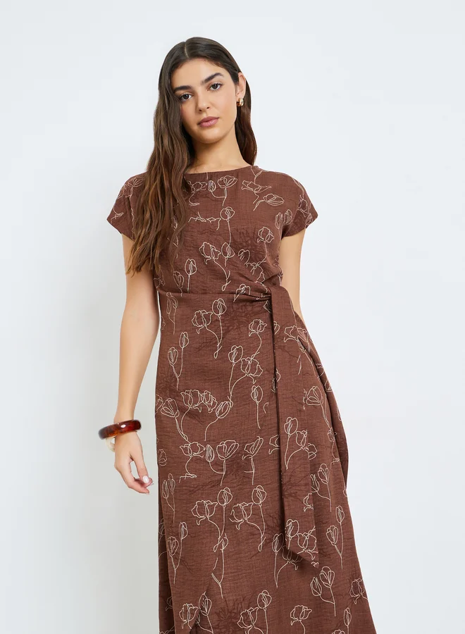 Styli Brown Floral Print Wrap Tie Midi Dress