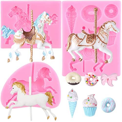 Mujiang Carousel Horse Silicone Fondant Mold 3D MerryGoRound Chocolate Lollipop Gum Paste Mold For Baby Shower Cake Decorating Cupcake Topper Candy Polymer Clay Set Of 3