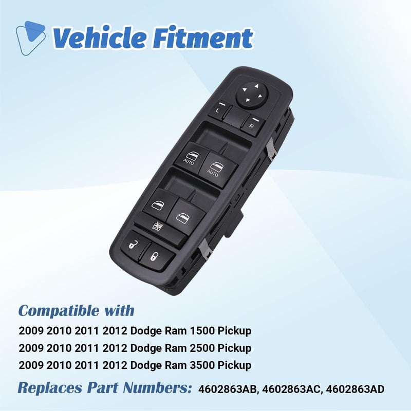 Obaee Master Power Window Switch Door Lock Main Control Button Front Left Driver Side Compatible with 2009 2010 2011 2012 Dodge RAM 1500/2500/3500 Pickup Crew Cab Quad Replacement 4602863AB 4602863AC - Image 2