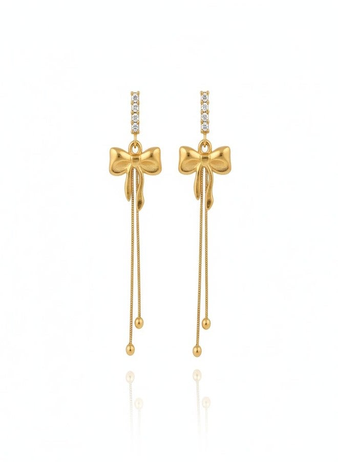 CALISTA Grace Bow Luxe Dangle Earrings for Women | Gold-Plated Bow Design Long Drop Earrings | Lightweight Anti-Tarnish Fashion Jewellery | Party, Festive & Gifting Wear - Image 1