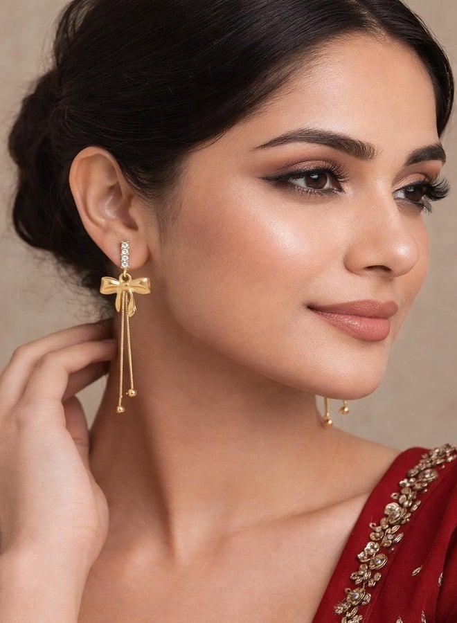 CALISTA Grace Bow Luxe Dangle Earrings for Women | Gold-Plated Bow Design Long Drop Earrings | Lightweight Anti-Tarnish Fashion Jewellery | Party, Festive & Gifting Wear - Image 2