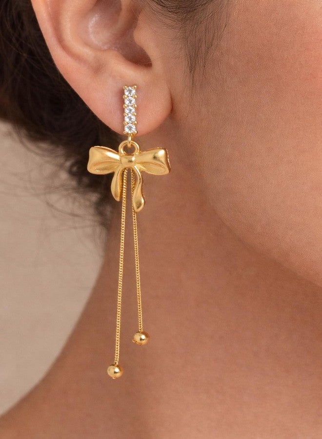 CALISTA Grace Bow Luxe Dangle Earrings for Women | Gold-Plated Bow Design Long Drop Earrings | Lightweight Anti-Tarnish Fashion Jewellery | Party, Festive & Gifting Wear - Image 4