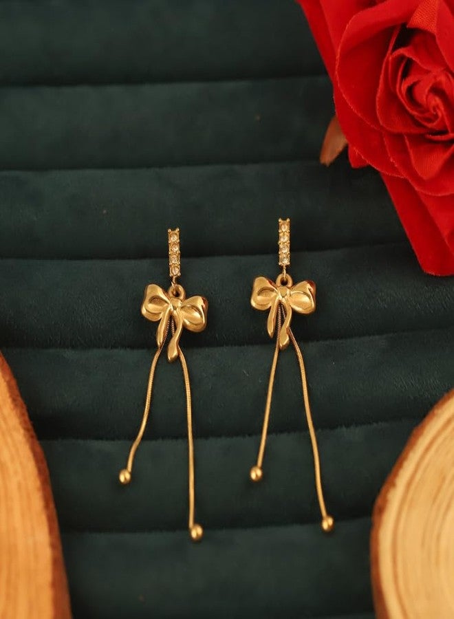 CALISTA Grace Bow Luxe Dangle Earrings for Women | Gold-Plated Bow Design Long Drop Earrings | Lightweight Anti-Tarnish Fashion Jewellery | Party, Festive & Gifting Wear - Image 5