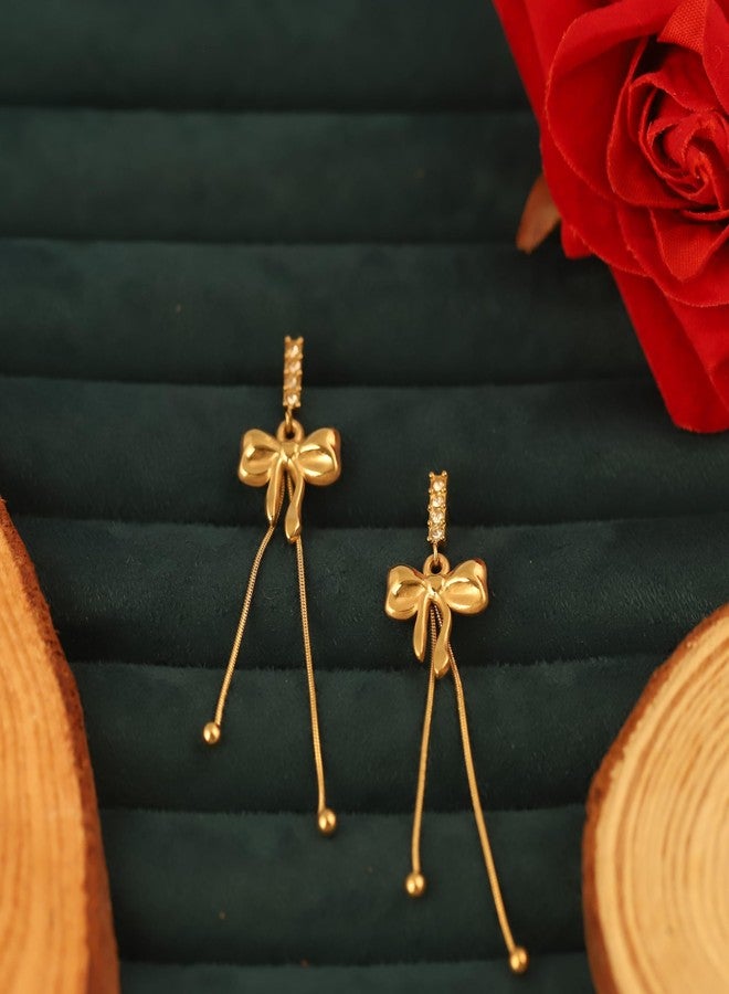 CALISTA Grace Bow Luxe Dangle Earrings for Women | Gold-Plated Bow Design Long Drop Earrings | Lightweight Anti-Tarnish Fashion Jewellery | Party, Festive & Gifting Wear - Image 3