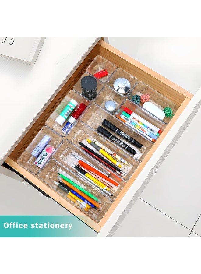 صواني تنظيم أدراج غير قابلة للانزلاق متعددة الأحجام، من البلاستيك الشفاف، مكونة من 10 قطع، مثالية للمكتب، وخزانة الملابس، والمطبخ والحمام، وتخزين مستحضرات التجميل، وأدوات المطبخ، والمجوهرات والمزيد - Image 4