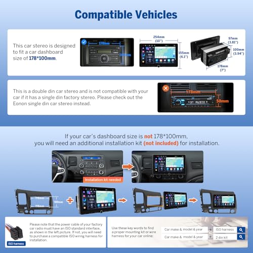 Eonon 4+64GB Android 14 Double Din Car Stereo, Wired & Wireless Carplay & Android Auto, Radio with 10.1 Inch IPS Large Screen, Built-in DSP, Bluetooth 5.4, SWC, UX7A-PLUS - Image 4