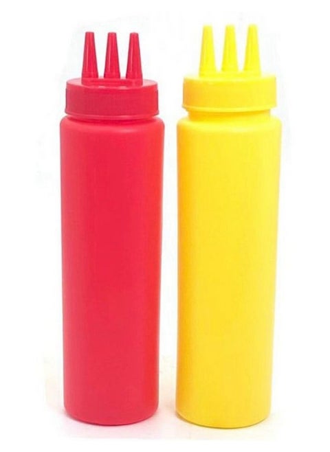 2 pieces of plastic squeeze bottles for ketchup mustard and similar sauces in yellow and red
