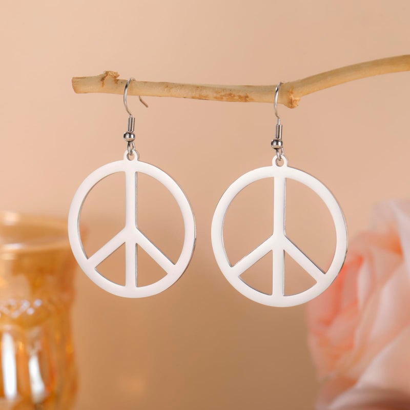 VASSAGO Peace Sign Earrings Stainless Steel Earth Accessories Dangle Earring Hippie Accessories for 60s or 70s Party Jewelry Set for Women Men (Steel) - Image 3