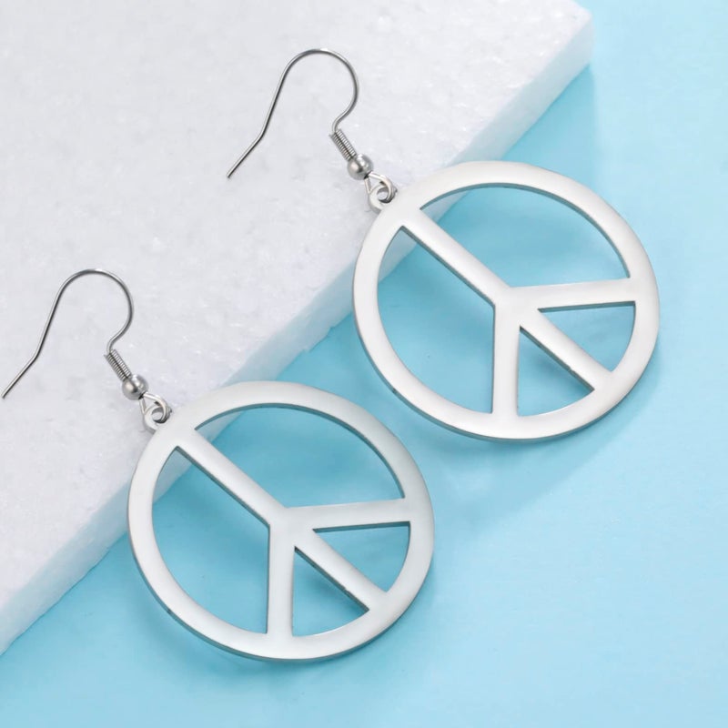 VASSAGO Peace Sign Earrings Stainless Steel Earth Accessories Dangle Earring Hippie Accessories for 60s or 70s Party Jewelry Set for Women Men (Steel) - Image 5