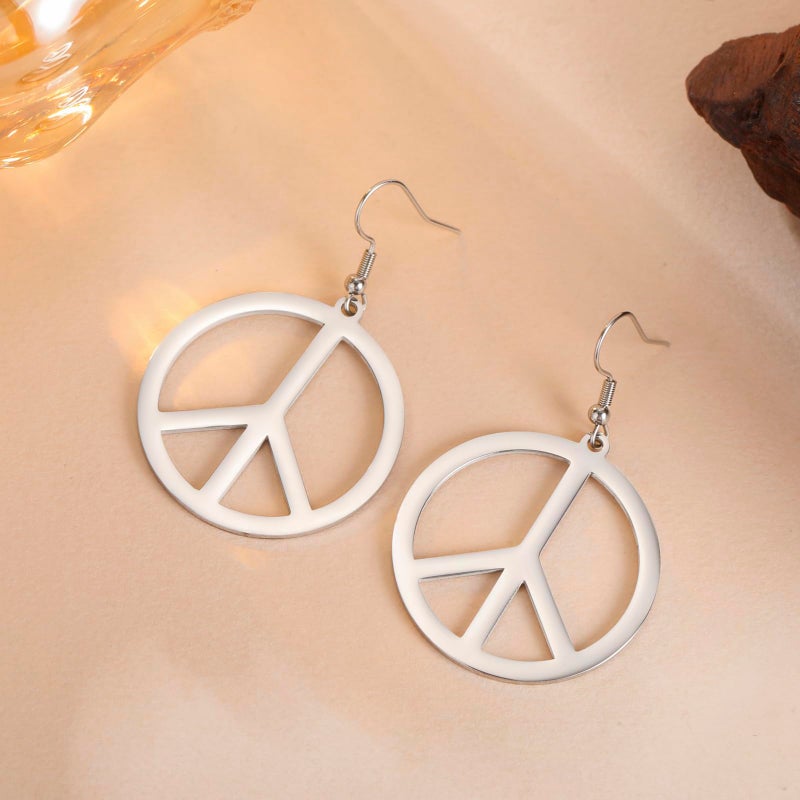 VASSAGO Peace Sign Earrings Stainless Steel Earth Accessories Dangle Earring Hippie Accessories for 60s or 70s Party Jewelry Set for Women Men (Steel) - Image 4
